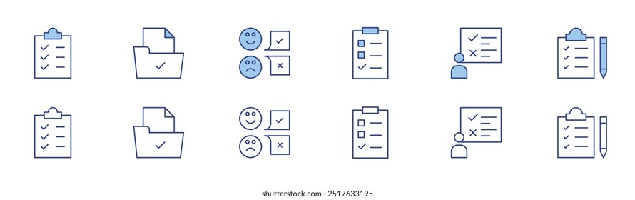 Conjunto de iconos de Encuesta en dos estilos, estilo Duotone y Thin Line. Trazo editable. lista de comprobación, resultado, Portapapeles, Encuesta.