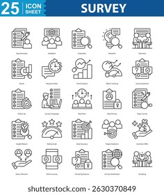 Survey icon set vector questionnaire, feedback, evaluation, research, interview, result, response rate, trend analysis, metric tracking, survey question, follow up, survey campaign, real time