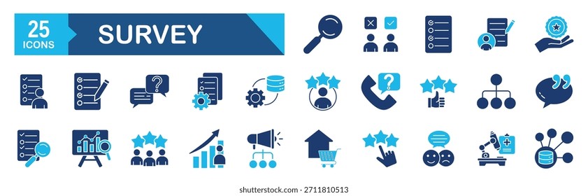 Umfrage-Icon-Set.Vektorgrafik-Konzept für Umfrage, Feedback, Meinung, Fragebogen, Umfrage, Forschung, Datum, Bewertung, Zufriedenheit