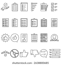 Survey icon vector set. Feedback illustration sign collection. Including question symbol. Survey web icons. satisfaction symbols for web and mobile app.
