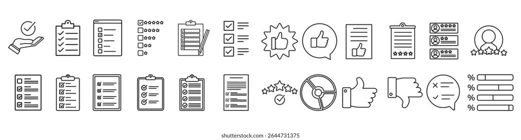 Survey icon vector set. Feedback illustration sign collection. Including question symbol. Survey web icons. satisfaction symbols for web and mobile app.