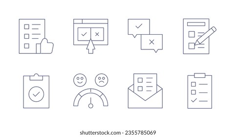Iconos de la encuesta. Trazo editable. Contiene encuestas, encuestas en línea, tareas, satisfacción, portapapeles.
