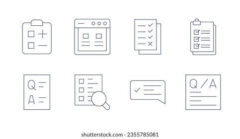 Survey icons. Editable stroke. Containing feedback, online survey, survey, list, question, search survey.