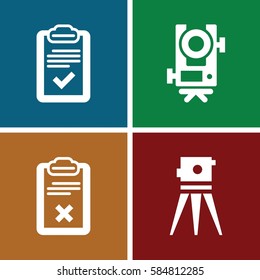survey icons set. Set of 4 survey filled icons such as level equipment, theodolite
