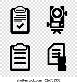Survey icons set. set of 4 survey filled icons such as level equipment, pointing on document