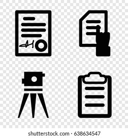 Survey icons set. set of 4 survey filled icons such as pointing on document, theodolite, clipboard