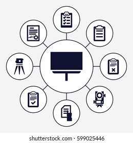 survey icons set. Set of 9 survey filled icons such as level equipment, pointing on document, board, theodolite, clipboard
