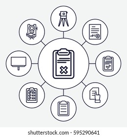 survey icons set. Set of 9 survey outline icons such as level equipment, pointing on document, board, theodolite, clipboard