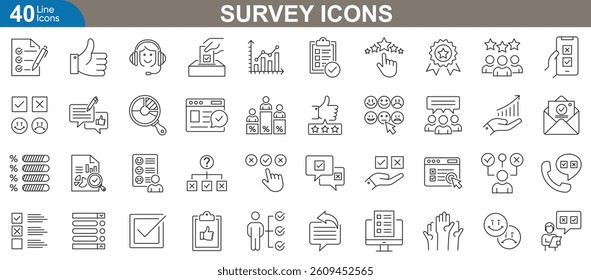 Survey icons set. Flat line icons including questionnaire, feedback form, multiple choice, rating, analytics, polls, response tracking, survey tools and more. Vector illustration