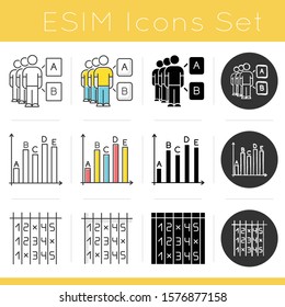 Survey icons set. Focus group. Data analysis, information collection. Number in list. Choose figure. Digit matrix. Flat design, linear, black and color styles. Isolated vector illustrations