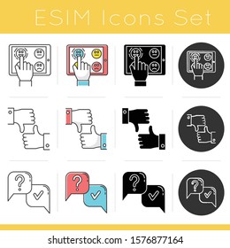 Survey icons set. Hand picking emoticon on tablet display. Thumbs up and down. Question and answer. FAQ sign. Flat design, linear, black and color styles. Isolated vector illustrations