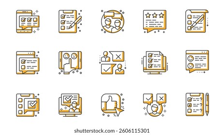 Survey icons set in outline stroke design for web. Pack line pictograms with online examining, checklist, opinion, emotional feedback, application, customer satisfaction, other. Vector illustration.