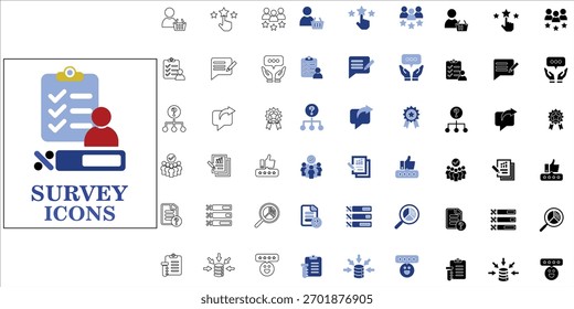 Conjunto de iconos de Encuesta. Encuesta, muestreo, opinión, sondeo, calificación, auditoría, calidad y más. Vector completo simple