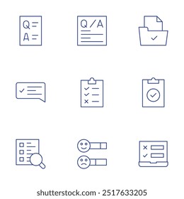 Conjunto de iconos de Encuesta. Estilo de línea delgada, trazo editable. pregunta, resultado, Encuesta, tarea, prueba, Encuesta de búsqueda, estadísticas.
