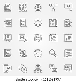 Survey icons set. Vector checklist, to do list and online survey concept symbols in thin line style