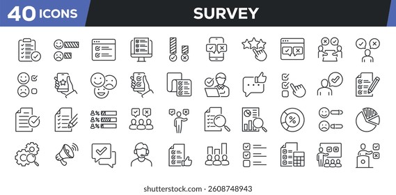 Survey icons set. Web line icons collection related review, quality, opinion, quiz. Perfect pixel vector illustration isolated on white background.