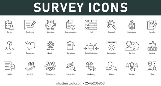 Ilustração de vetor de ícones de pesquisa com linha fina editável traço contendo feedback pesquisa de opinião questionário resultados da pesquisa revisar resposta satisfação serviço experiência voto