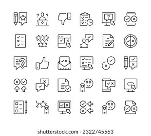 Umfragesymbole. Vektorliniensymbole gesetzt. Feedback, User Reviews, Quiz, Testimonials, Kundenerlebniskonzepte. Strichzeichen mit schwarzem Umriss