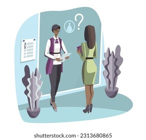 Survey at interview. Filling out questionnaire. Professional HR specialist in work. Female characters at job interview. Completion of internship, recruitment of candidate for job