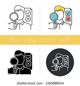 Survey interviewer icon. Face-to-face interview. Human-assisted poll. Public opinion polling. Expert survey. Feedback. Glyph design, linear, chalk and color styles. Isolated vector illustrations