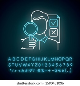 Survey interviewer neon light icon. Face-to-face interview. Human-assisted poll. Public opinion polling. Expert survey. Glowing sign with alphabet, numbers and symbols. Vector isolated illustration