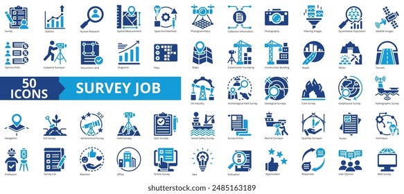 Survey job icon collection set. Containing statistic, measurement, information, methodology, construction, collection, opinion icon. Simple icon vector illustration.