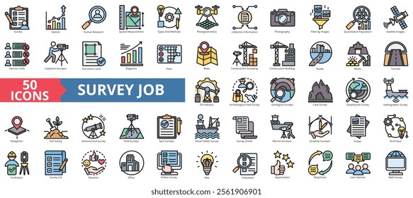 Survey job icon collection set. Containing statistic, measurement, information, methodology, construction, collection, opinion icon. Simple flat outline vector illustration