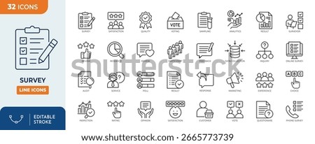 Survey line editable icon set. Containing opinions, review, satisfaction, feedback, exam, poll, questionnaire, and more. Editable stroke. Vector illustration