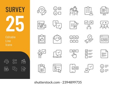 Survey Line Editable Icons set. Vector illustration in thin line modern style of confirmation mark related icons: documentation, selection, feedback, exam, and other. Isolated on white