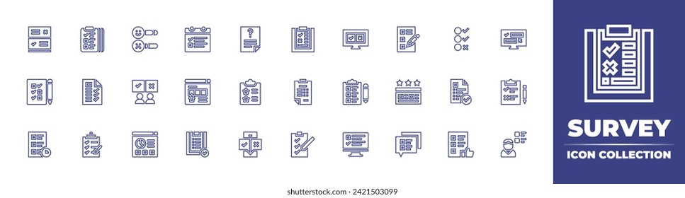 Survey line icon collection. Editable stroke. Vector illustration. Containing survey results, medical report, survey, compliance, checklist, online survey, work list, question, feedback, to do list.