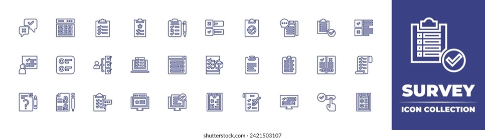 Survey line icon collection. Editable stroke. Vector illustration. Containing survey, clipboard, task, shopping list, checklist, poll, protocols, evaluation, yes.