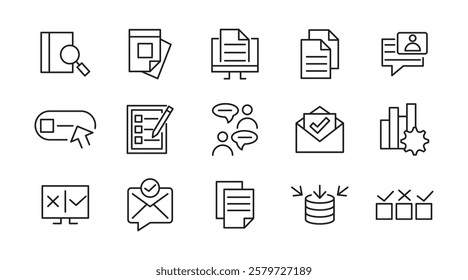 Survey line icon set. Audit, analysis, plan, evaluation, quality process, result, feedback, exam, document, business management data, inspection, statistic line icon set. UI thin line icon pack.