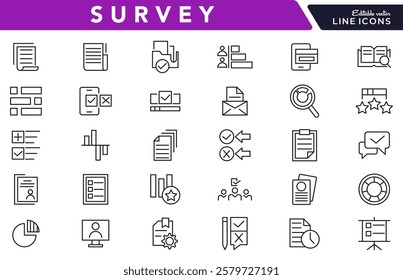 Survey line icon set. Audit, analysis, plan, evaluation, quality process, result, feedback, exam, document, business management data, inspection, statistic line icon set. UI thin line icon pack.