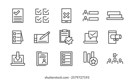 Survey line icon set. Audit, analysis, plan, evaluation, quality process, result, feedback, exam, document, business management data, inspection, statistic line icon set. UI thin line icon pack.