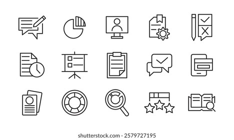 Survey line icon set. Audit, analysis, plan, evaluation, quality process, result, feedback, exam, document, business management data, inspection, statistic line icon set. UI thin line icon pack.