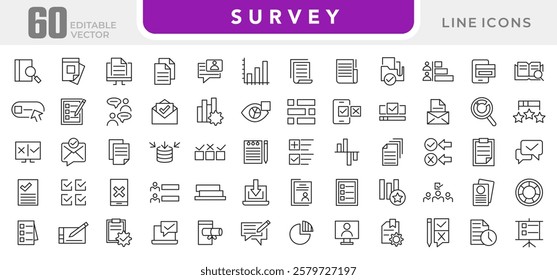 Survey line icon set. Audit, analysis, plan, evaluation, quality process, result, feedback, exam, document, business management data, inspection, statistic line icon set. UI thin line icon pack.