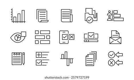 Survey line icon set. Audit, analysis, plan, evaluation, quality process, result, feedback, exam, document, business management data, inspection, statistic line icon set. UI thin line icon pack.