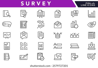 Survey line icon set. Audit, analysis, plan, evaluation, quality process, result, feedback, exam, document, business management data, inspection, statistic line icon set. UI thin line icon pack.