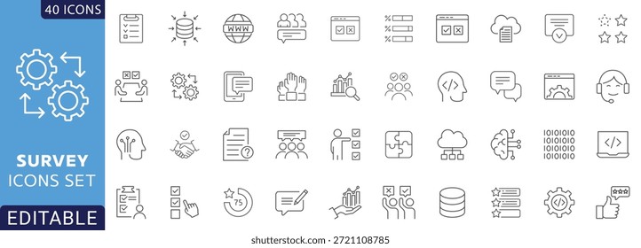 Conjunto de iconos de línea de Encuesta. Contiene opiniones, Comentarios, examen, encuesta, revisión, satisfacción, cuestionario y más. Totalmente Editable. Ilustración vectorial.	