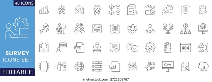 Conjunto de iconos de línea de Encuesta. Contiene opiniones, Comentarios, examen, encuesta, revisión, satisfacción, cuestionario y más. Totalmente Editable. Ilustración vectorial.	
