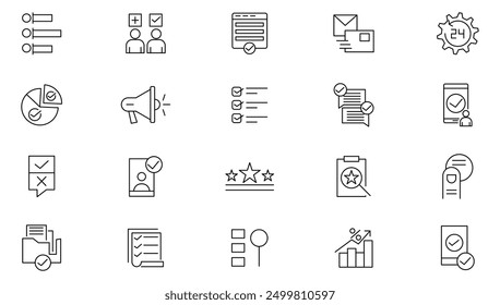 Survey line icon set. Contains feedback, opinions, questionnaires, polls, research, reviews, feedback, exam, and voting outline icon collection. Ui thin line icon pack.