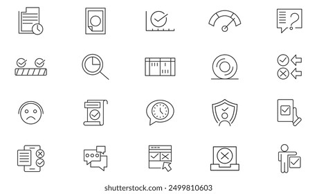 Survey line icon set. Contains feedback, opinions, questionnaires, polls, research, reviews, feedback, exam, and voting outline icon collection. Ui thin line icon pack.