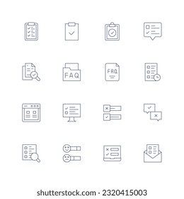 Juego de iconos de línea de encuesta. Trazo editable. Icono de línea delgada. Conteniendo el portapapeles, encuesta, documento, faq, encuesta en línea, encuesta, encuesta de búsqueda, estadísticas.