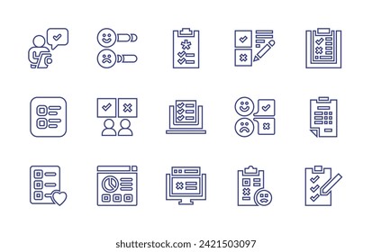 Survey line icon set. Editable stroke. Vector illustration. Containing surveyor, answers, clipboard, survey results, medical report, list, survey, to do list, unhappy, checklist.