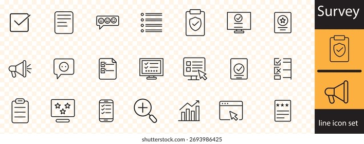 Conjunto de iconos de línea de Encuesta. Comentarios Iconos lineales, incluyendo pregunta, opinión, satisfacción, opinión, investigación, revisión, satisfacción, tarea, encuesta, respuesta y más