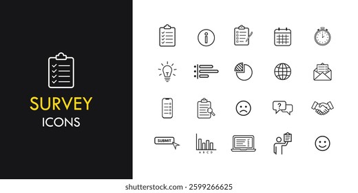 Survey Line Icon Set Including Submit, Feedback, Polls and More. Line Style Icon Collection