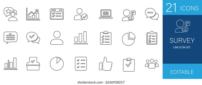 Survey line icon set with poll, vote, checklist, form, rating, feedback, question, report, mark, approval, research, pictogram icons—perfect for online surveys and client analysis.