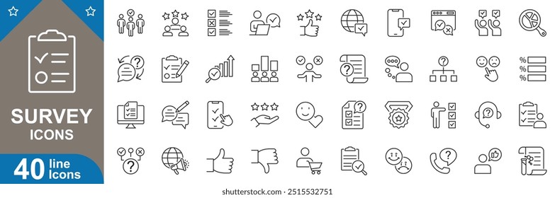Survey line icons set. Feedback, poll, rating, choice, data collection, checkmark, results, opinion, questionnaire and more. vector illustrator.