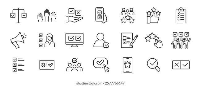 Survey line icons set. Rating, feedback, review, opinion, quiz, questionnaire. Vector illustration.