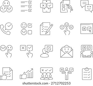 Symbolsatz für Umfragelinie. Vektorkontursymbole für Kundenfeedback, Meinungsumfragen, Checkliste, Überprüfung und Qualitätskontrolle.